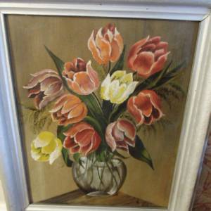 Ölgemälde Ölbild handgemalt Tulpen Vase Blumenstrauß Rahmen Holzrahmen oil painting handpainted Vintage Landhaus Cottage Bild 6