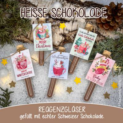 Heiße Schokolade im Reagenzglas aus echter Schweizer Schokolade, Weihnachtsgeschenk, Wichtelgeschenk