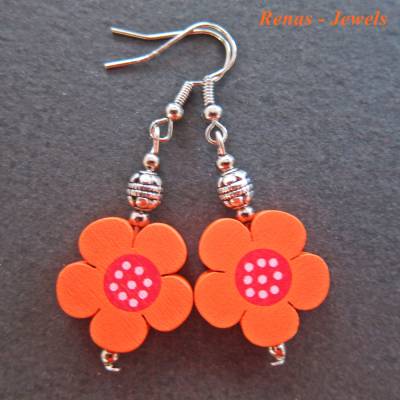 Holzohrringe Blume orange rot silberfarben – handgefertigte Ohrhänger aus Holz mit Metallperlen