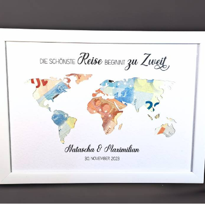 Hochzeitsgeschenk personalisiert | Geldgeschenk zur Hochzeit | Weltkarte die schönste Reise beginnt zu Zweit - Geschenk