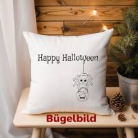 Bügelbild Happy Halloween mit Spinne für Textilien in Wunschfarbe - Herbst DIY - Applikation zum aufbügeln, Bild 1
