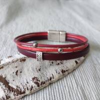 Leder Armband 3-reihig in Rot- und Rosatönen mit dezenten Metallperlen Bild 2
