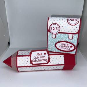 Einschulung Verpackung im Set Geschenk Stiftebox Schulranzen Schulrucksack Goodie Tischdeko Geschenkschachtel Mini Schul Bild 1