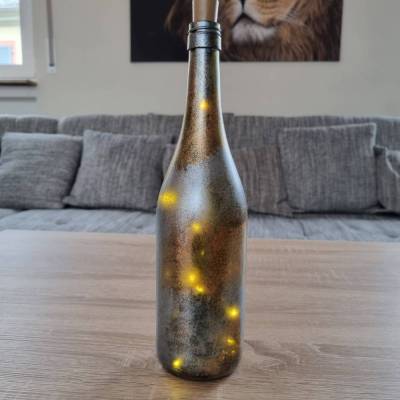 Dekorative Flasche mit LED Lichtdraht, handbemalt in Kupfer und Blaumetallic