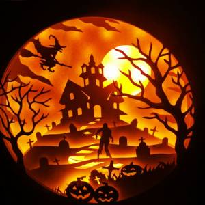 Schöne Lampe mit 3D Bild Halloween inkl. Farbwechsel Shadowbox. Bild 1