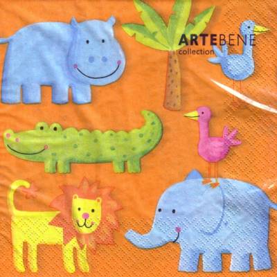 Lunchservietten Dschungeltiere, Löwe, Elefant, Nilpferd, Krokodil mit Vögeln und Palme auf Orange von Artebene
