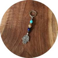 Edelstein Schlüsselanhänger Hamsa | Jaspis Lapislazuli Howlith Metall | braun blau türkis | 10 cm Bild 1