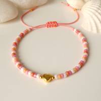 Armband aus kleinen Glasperlen, Herz, weiß orange pink korallenrot rosa, kleine Geschenke für Frauen Freundin Mädchen Bild 1