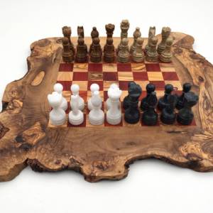 Schachspiel rustikal aus Olivenholz Schachbrett Gr. L inkl. 32 Schachfiguren aus Marmor Farbe wählbar Naturprodukt Handa Bild 1