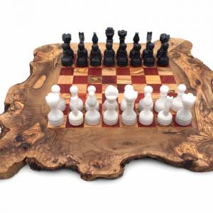 Schachspiel rustikal aus Olivenholz Schachbrett Gr. L inkl. 32 Schachfiguren aus Marmor Farbe wählbar Naturprodukt Handa Bild 2