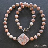 Edelstein Collier Kette Jaspis Perlen beige grau orange marmoriert silberfarben Edelsteinkette Perlenkette Bild 3
