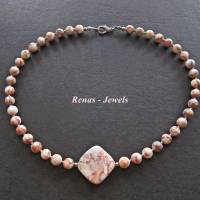 Edelstein Collier Kette Jaspis Perlen beige grau orange marmoriert silberfarben Edelsteinkette Perlenkette Bild 4