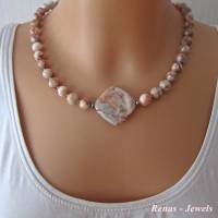 Edelstein Collier Kette Jaspis Perlen beige grau orange marmoriert silberfarben Edelsteinkette Perlenkette Bild 6