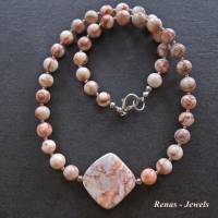Edelstein Collier Kette Jaspis Perlen beige grau orange marmoriert silberfarben Edelsteinkette Perlenkette Bild 7