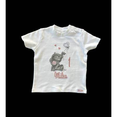 Geburtstagsshirt mit süßem Elefant, Namen und Zahl bestickt, Shirt zum Kindergeburtstag personalisiert