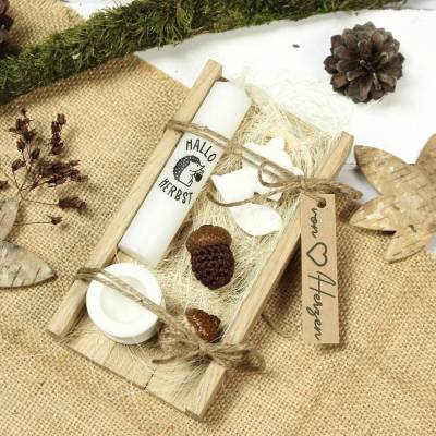 Herbstliches Geschenkset in Holzbox ~ Kerze | Kerzenhalter | Fuchs | Eicheln