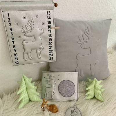 Stickdatei 3D Rentier, Trapunto Adventskalender, Geschenkanhänger, Mug Rug Set 886 Weihnachten, Maschinenstickerei
