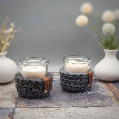Kleiner Häkelkorb mit Duftkerze – handgemachte Deko in 3 Mustern