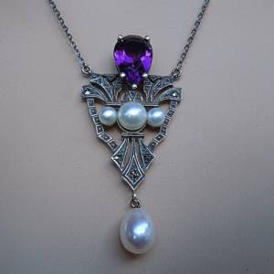 Edles 925 Silber Amethyst Jugendstil Collier mit Perlen Bild 4