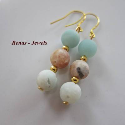 Edelstein Ohrhänger Amazonit 925 Silber vergoldet braun grün goldfarben Perlen Ohrringe