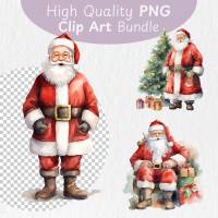 Weihnachtsmann PNG Clipart Bundle - 10 Aquarell Bilder, Transparenter Hintergrund, Santa Klaus & Weihnachten Dekoration Bild 1