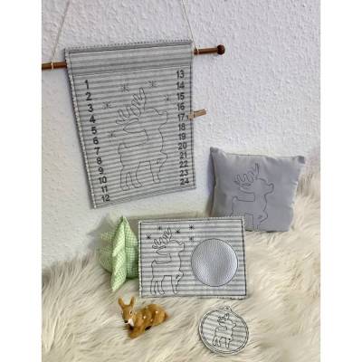 Stickdatei Rentier Outline, Adventskalender, Geschenkanhänger, Mug Rug, Set 886a Weihnachten, Maschinenstickerei