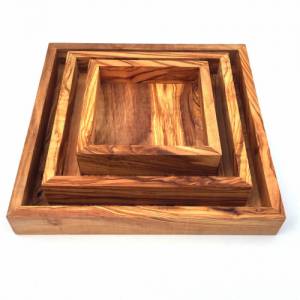 Ablage quadratisch in 3er Set 22/17/12 cm Holz Tablett handgefertigt aus Olivenholz Bild 2