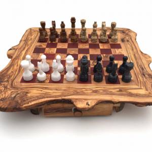 Schachspiel rustikal aus Olivenholz Schachtisch Gr. XL inkl. 32 Schachfiguren aus Marmor Farbe wählbar Naturprodukt Hand Bild 1