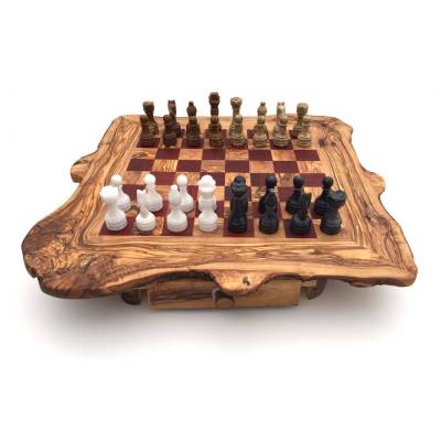 Schachspiel rustikal aus Olivenholz Schachtisch Gr. XL inkl. 32 Schachfiguren aus Marmor Farbe wählbar Naturprodukt Hand