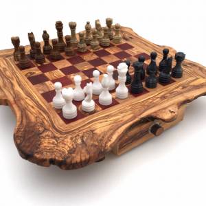 Schachspiel rustikal aus Olivenholz Schachtisch Gr. XL inkl. 32 Schachfiguren aus Marmor Farbe wählbar Naturprodukt Hand Bild 2