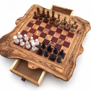 Schachspiel rustikal aus Olivenholz Schachtisch Gr. XL inkl. 32 Schachfiguren aus Marmor Farbe wählbar Naturprodukt Hand Bild 3