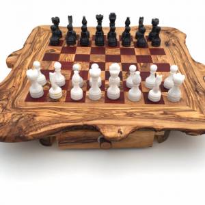 Schachspiel rustikal aus Olivenholz Schachtisch Gr. XL inkl. 32 Schachfiguren aus Marmor Farbe wählbar Naturprodukt Hand Bild 4