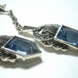 925 Silber Aquamarin Jugendstil Hänge Ohrringe mit handgefassten Markasiten Bild 2