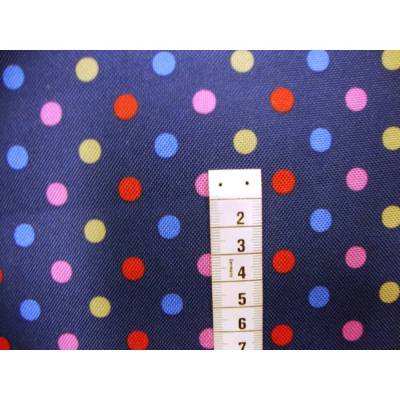 Canvas Stoff Meterware wasserabweisend mit bunten Punkten auf Blau – Outdoorstoff mit PVC-Coating, 150 cm breit
