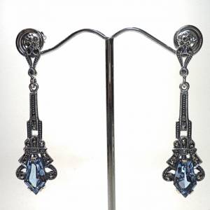 925 Silber Aquamarin ART DECO Hänge Ohrringe mit handgefassten Markasiten Bild 1
