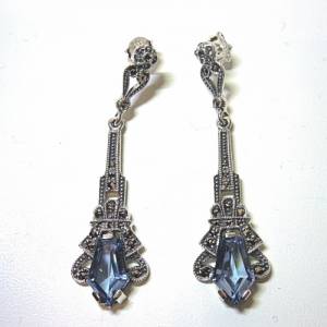 925 Silber Aquamarin ART DECO Hänge Ohrringe mit handgefassten Markasiten Bild 2