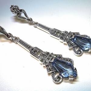 925 Silber Aquamarin ART DECO Hänge Ohrringe mit handgefassten Markasiten Bild 4