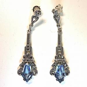 925 Silber Aquamarin ART DECO Hänge Ohrringe mit handgefassten Markasiten Bild 5