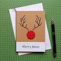 Grußkarte Weihnachten Rentier Rudolph the Red-Nosed Reindeer gehäkelt und gestickt mit Wunschtext Bild 1