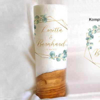 Hochzeitskerze Design Eukalyptus Gold - Holzkerze