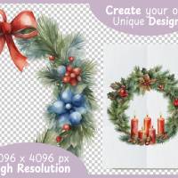 Weihnachtskranz PNG Clipart Bundle - 10 Aquarell Bilder, Transparenter Hintergrund, Nikolaus & Weihnacht Dekoration Bild 4