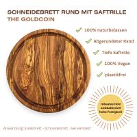 Schneidebrett The Goldcoin rund mit Saftrille, Ø 25/30 cm Servierplatte handgemacht aus Olivenholz Hochwertig Bild 1