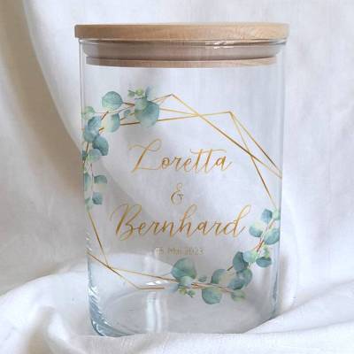 Sandzeremonie Glas mit Holzdeckel Hochzeitsbrauch Windlicht Design Eukalyptus Gold