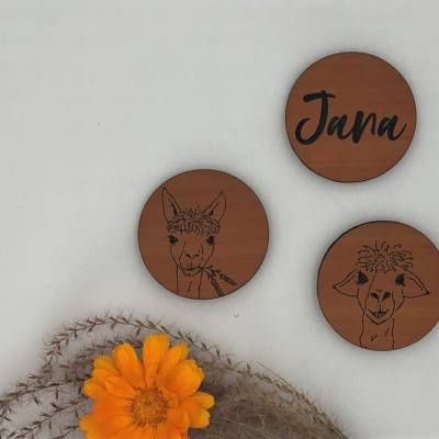 3 Kühlschrankmagnete aus Holz, personalisiert, Lama/Alpaka, Geschenk Lama/Alpaka