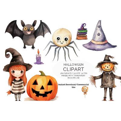 32 Halloween PNG Watercolor Clipart Bundle, Sublimation, Commercial License