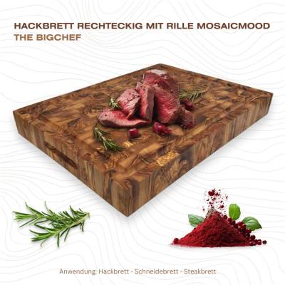 Hackbrett The Bigchef mosaicmood rechteckig mit Rille Länge ca. 40x30 cm Schneidebrett Servierbrett Massiv Handgemacht