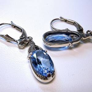 ART DECO Silber Hänge Ohrringe mit Aquamarin in Ovalschliff Bild 2
