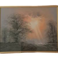 Kunstdruck mit Metall-Rahmen in gold, signiert, Seelandschaft mit Baum und Sonnenstrahlen, Bild 2