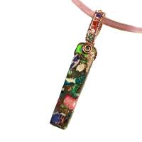 Bunter Jaspis Anhänger Mosaik am samtigen Band in wirework rosa handgemacht Halsband Bild 1