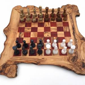 Schachspiel rustikal aus Olivenholz Schachbrett Gr. XL inkl. 32 Schachfiguren aus Marmor Farbe wählbar Naturprodukt Hand Bild 1